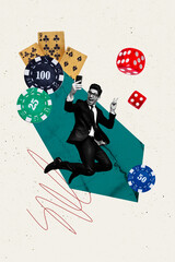 Vertical photo collage of happy man jump show peace gesture take phone selfie casino chip cards dice poker isolated on painted background