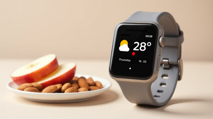 Smartwatch displaying weather beside healthy snack of apples and almonds