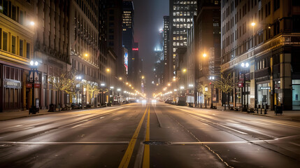 Dark, empty urban street at night with faint city lights through fog, streetlights off, occasional distant car alarm, eerie atmosphere highlighting sudden power loss in bustling city.
