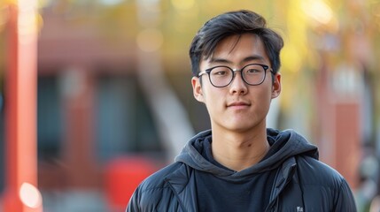 A backdrop of diverse colors illuminates an Asian student's introspective expression, marking his educational achievements