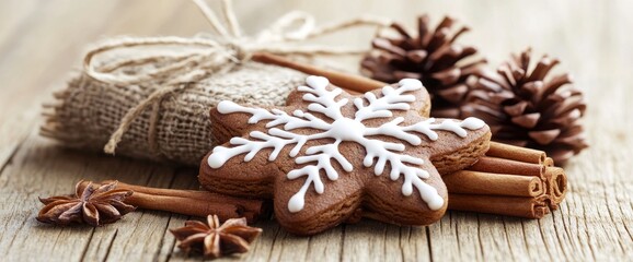 Christmas Gingerbread Cookie with Cinnamon Sticks and Pine Cones