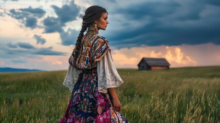 Fototapeta premium Woman in Traditional Dress in Rural Setting