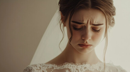 close up of sad wedding bride. crying. white background