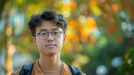 A backdrop of diverse colors illuminates an Asian student's introspective expression, marking his educational achievements