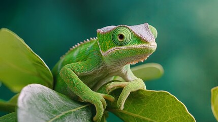 Fototapeta premium Chameleon Blending Into Leaf in Tranquil Setting