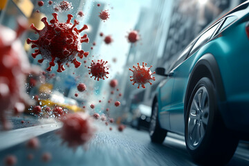 Abstract illustration of airborne pathogens in polluted urban air, symbolizing environmental health risks