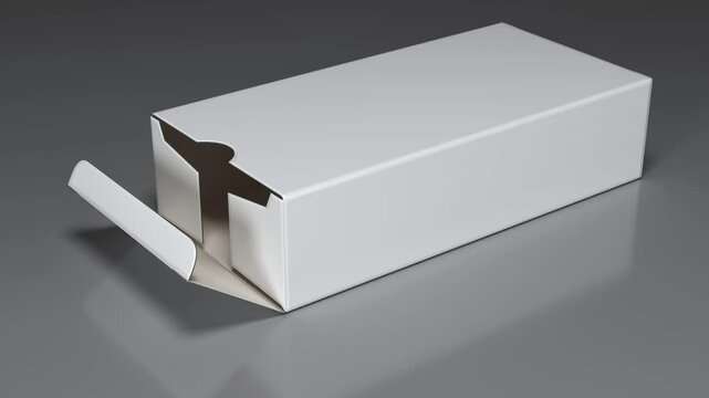 Opening realistic white cardboard box on gray background. 3d animation