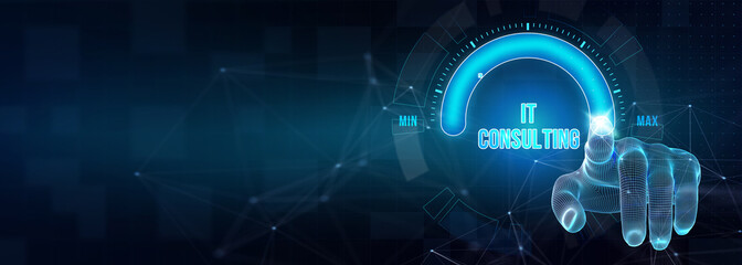 IT consultant presenting tag cloud about information technology. 3d illustration