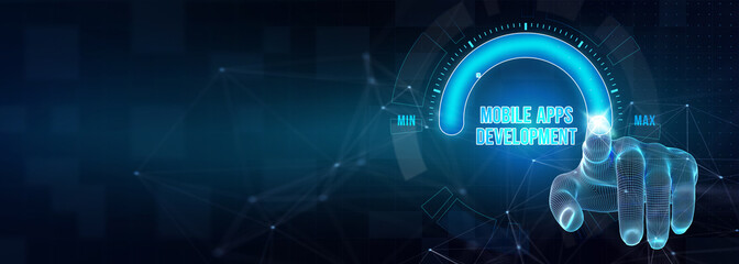 Inscription MOBILE APPS DEVELOPMENT on the virtual display. Cloud technology concept. 3d illustration