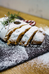 Sliced Traditional Stollen Dusting with Powdered Sugar