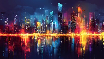 Fototapeta premium An abstract representation a city at night with bright lights and reflections, perfect for urban themes.