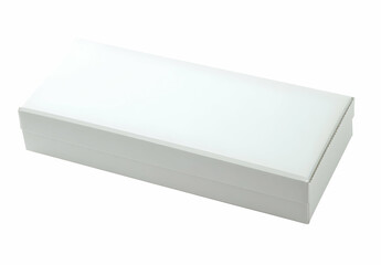 A plain white cardboard box with a closed top and a slightly angled perspective isolated on a white background.
