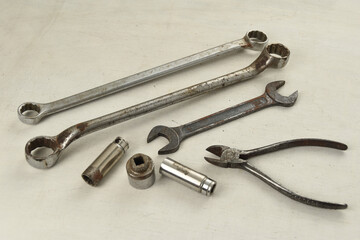 Set of hand tools wrenches on white background