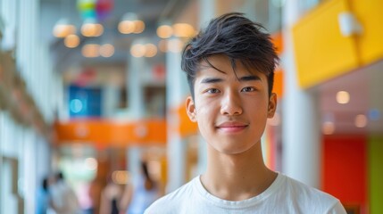 A backdrop of diverse colors illuminates an Asian student's introspective expression, marking his educational achievements