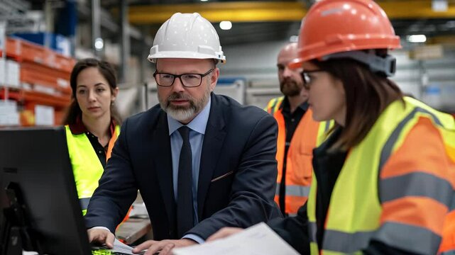 An engineer in a hard hat and suit leads a team discussion in an industrial facility, using a computer and documents to review plans.