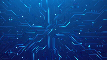Fototapeta premium Futuristic vector illustration of a blue circuit board with intricate digital tech elements. Computer motherboard with a chip, processor, and semiconductor. Digital vector illustration