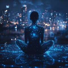 Obraz premium Meditative Mindfulness with AI in a Digital Landscape