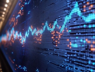 Blue stock exchange market graph on LED screen for business analysis. Finance and economic graphs.