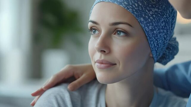 Close-up of a cancer patient wearing a headscarf, with a supportive hand on her shoulder, symbolizing compassion and hope.