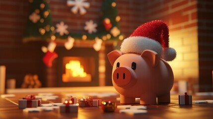 Obraz premium A cheerful piggy bank adorned with a Santa hat stands in a warm, holiday-themed setting filled with small gifts, while a glowing fireplace adds a cozy touch to the Christmas atmosphere.