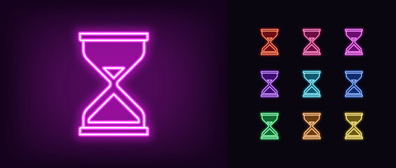 Outline neon hourglass icon set. Glowing neon sandglass icon, running time. Sand clock, stopwatch, countdown and timer, business hours, waiting time, urgent task, deadline, work period. Vector icons