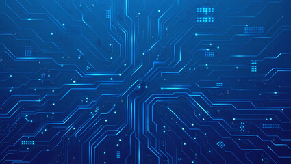 Futuristic vector illustration of a blue circuit board with intricate digital tech elements. Computer motherboard with a chip, processor, and semiconductor. Digital vector illustration