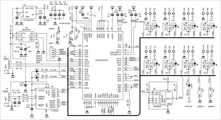 Schematic diagram of digital electronic device 
on paper sheet. Vector drawing electrical circuit with 
integrated circuit, led, controller,
capacitor, resistor, usb connector, other components.