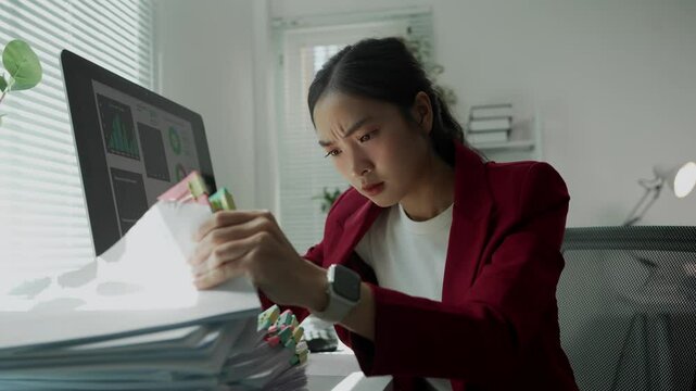 Asian accountant feeling stressed while working at her office desk, surrounded by paperwork and facing tight deadlines