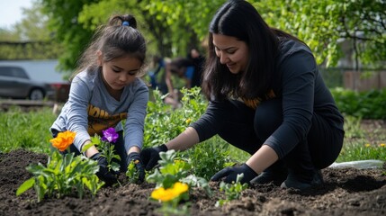 Mother and Daughter Planting Flowers in Garden