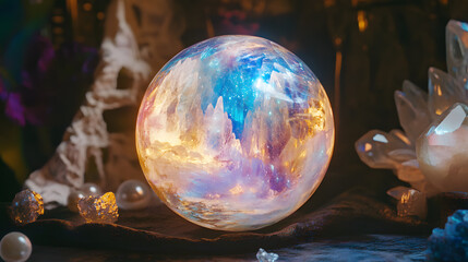 Moonstone meditation sphere, quantum emotional healing, pearl aurora cascades, crystal energy streams, ethereal starlight