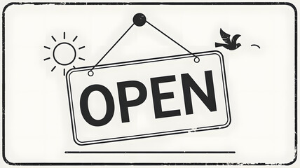 Vintage "Open" sign with sun and bird illustrations in a retro black and white design