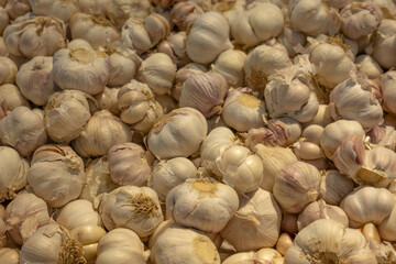 Food backgrounds. Garlic on basket in supermarket. Texture food market