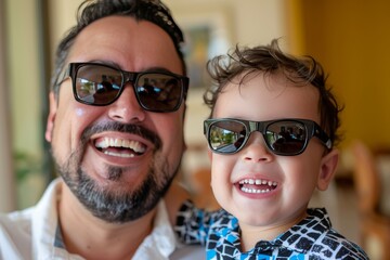 Obraz premium Happy Father And Son Smiling In Sunglasses, Joyful Family Moments On Yellow Background