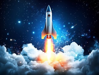 Powerful rocket spacecraft blasting off into the starry night sky surrounded by swirling clouds of smoke and fire symbolizing the thrill of space and technological innovation