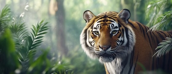 Intense close up portrait of a powerful and majestic tiger in a lush dense green forest environment The tiger s piercing eyes vibrant orange and black striped fur