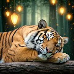 Obraz premium Tiger sleep in jungle Beautiful colourful lights nature