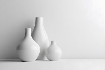 minimalist decor of white vases in a modern interior with floral arrangement, representing simplicity, elegance and minimal design with white background