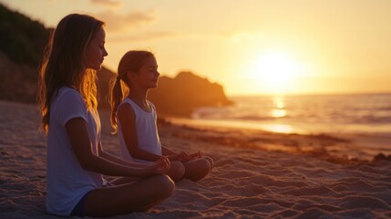 Fototapeta premium Two Girls Meditating on Beach at Sunset