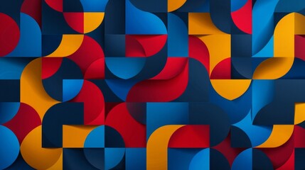 Abstract geometric pattern with red, blue, and yellow shapes on a dark background.