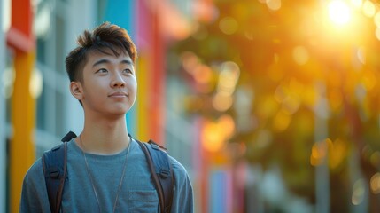 A backdrop of diverse colors illuminates an Asian student's introspective expression, marking his educational achievements