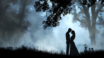 A romantic silhouette of a couple sharing a tender moment in a foggy forest, evoking love and intimacy in nature. Romantic. Illustration