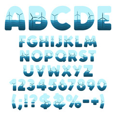 Font, alphabet with waves and windmills, wind turbines. Isolated vector objects on white background.