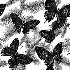 a black and white image of a bunch of butterflies on a pine tree branch