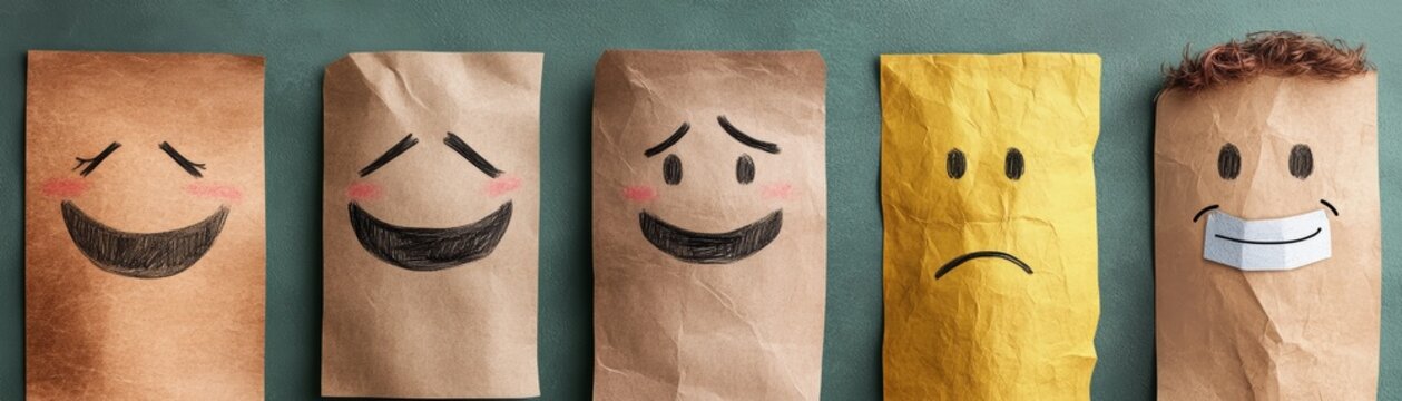 Expressive paper bag faces, exploring emotions through art and playful creativity for kids adults