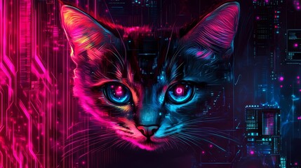 Abstract neon cyberpunk cat texture with luminous geometric lines, techno elements, and a dark metallic base, creating a sleek and modern visual