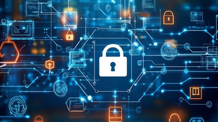 Fototapeta premium of a secure digital identity surrounded by encryption cryptography and other cybersecurity technologies representing the importance of online privacy and data protection in the digital age