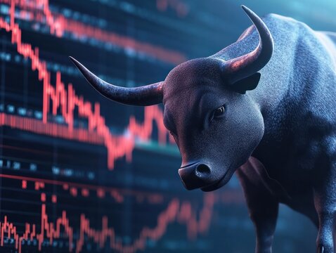 bull market financial freedom by investing in bitcoin or crypto currencies concept with charts and analysis as wide banner design with copyspace area