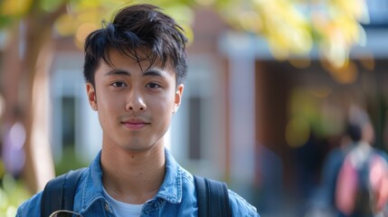 A backdrop of diverse colors illuminates an Asian student's introspective expression, marking his educational achievements