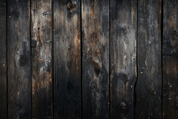 Obraz premium Close-up of a weathered wooden surface, featuring a dark, rustic texture and visible grain patterns.