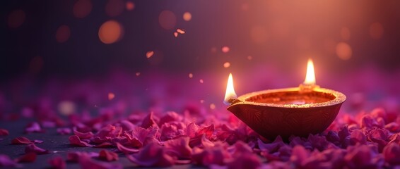 Diwali diya lamps with petals on a vibrant purple background